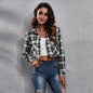 Plaid Zebra Print Pocket Long Sleeve Shirt Cropped Top Cardigan Thin Outerwear