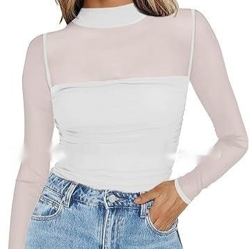 Pure Color Half Collar Mesh Stitching Sexy Top