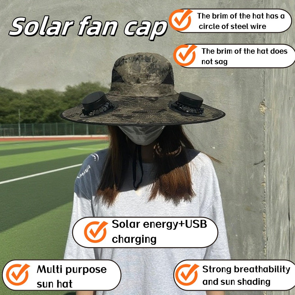Solar-powered Dual-fan Hat With Dual Power Supply