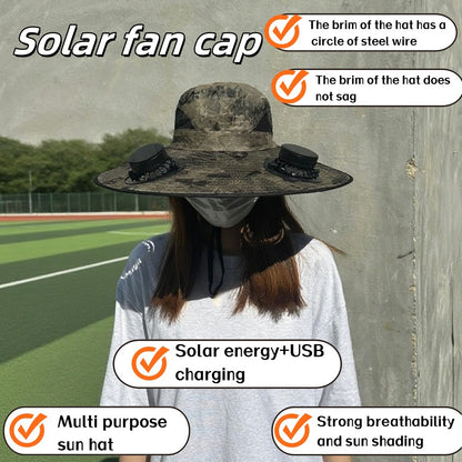 Solar-powered Dual-fan Hat With Dual Power Supply