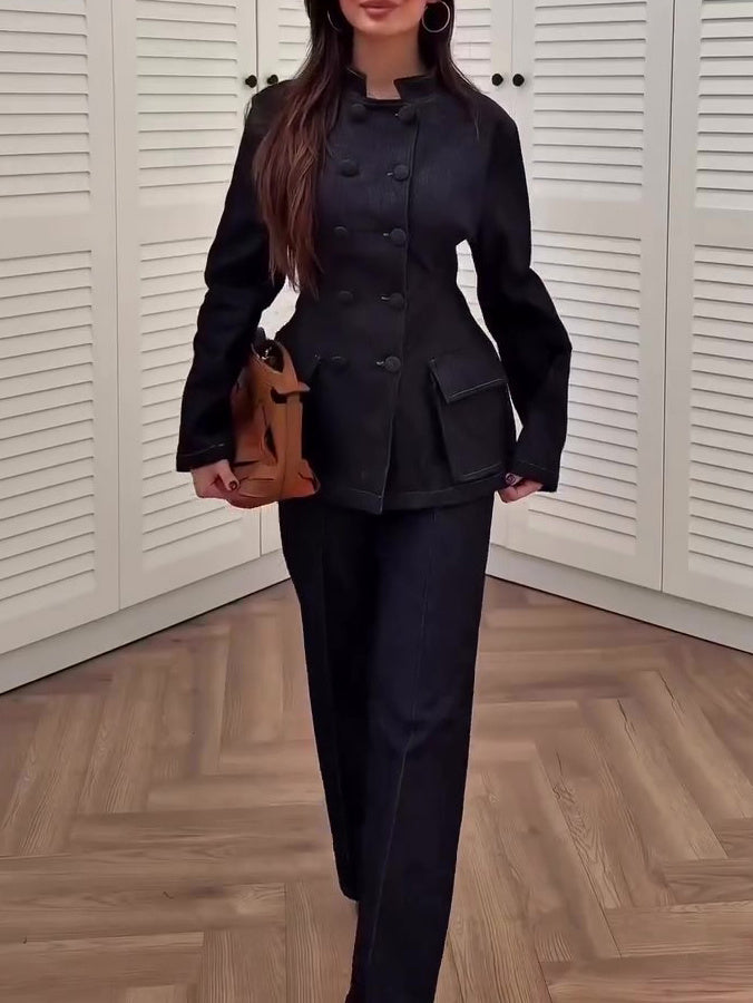 Dark Blue Denim Peplum Jacket And Flared Pants Set
