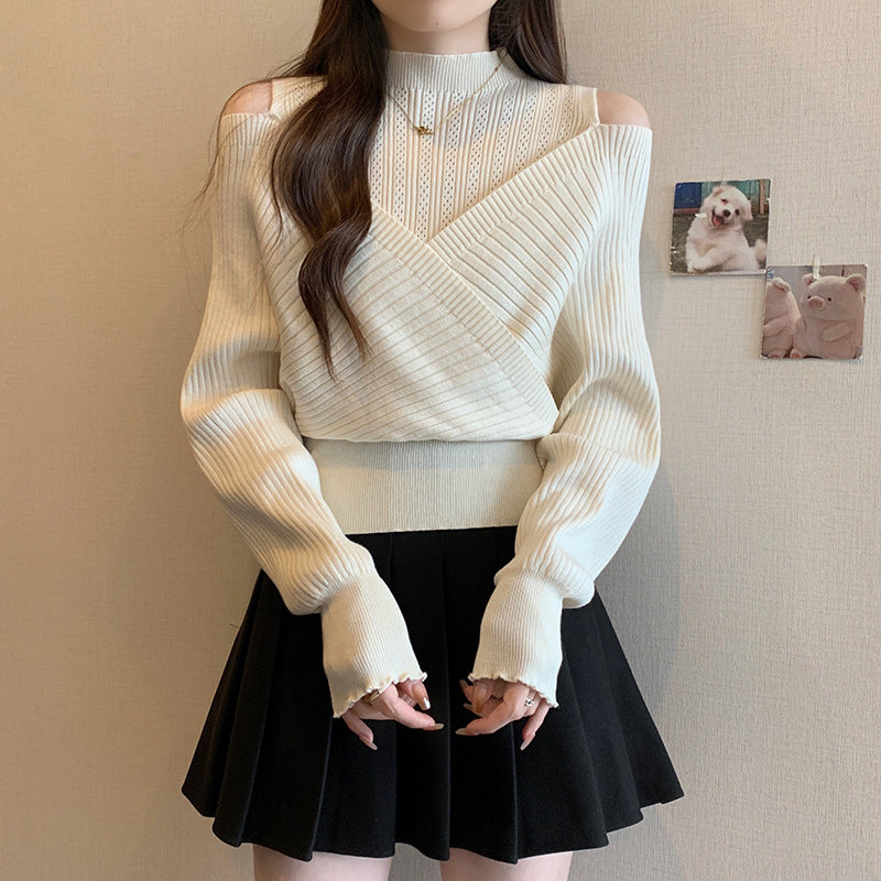 Spliced Long-sleeved Off-shoulder Knitted Slim-fit Semi-high Neck Sweater
