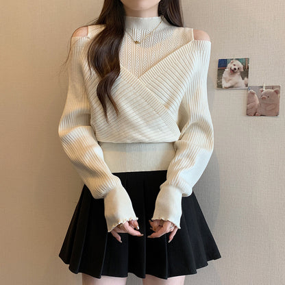 Spliced Long-sleeved Off-shoulder Knitted Slim-fit Semi-high Neck Sweater