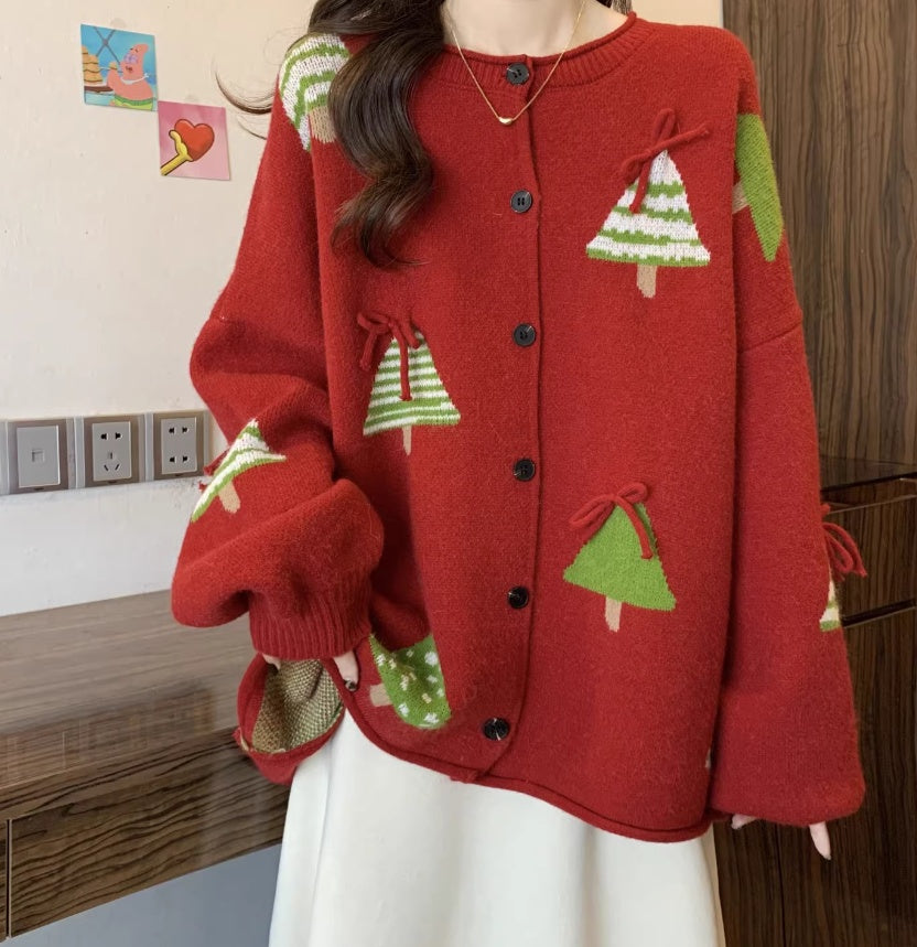 Women's Simple And Versatile Christmas Tree Red Sweater Coat
