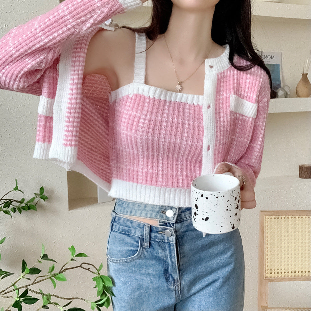 Knit Cardigan Tweed Needle Inner Wear Trendy Two-piece Set