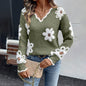Women's Fall Floral Pattern V-Neck Sweater, Long Sleeve Pullover With Scallop Trim Casual Dressy Top