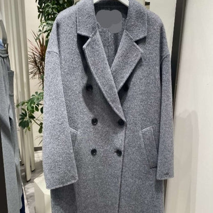 Gray Double Breasted Slimming Woolen Coat Outerwear