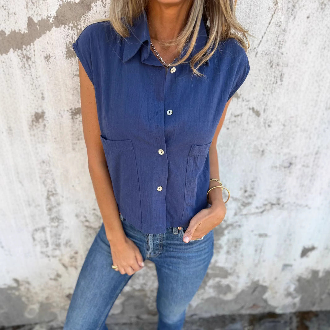 Casual Loose Short Sleeves Button Pocket Cotton Linen Shirt Women