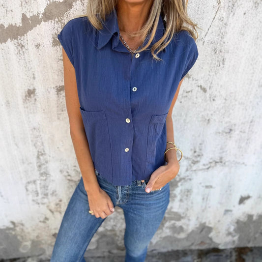 Casual Loose Short Sleeves Button Pocket Cotton Linen Shirt Women