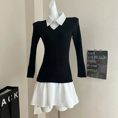 Autumn And Winter Preppy Style Fake Two-piece Mini Knitted Shirt