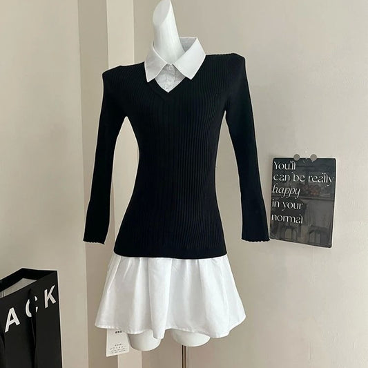 Autumn And Winter Preppy Style Fake Two-piece Mini Knitted Shirt