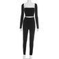 Stitching Color-contrasting Stripe Long Sleeve Top Slim Trousers Suit