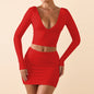 Women's Sexy V-neck Backless Long-sleeved Top Fashionable Dress Set