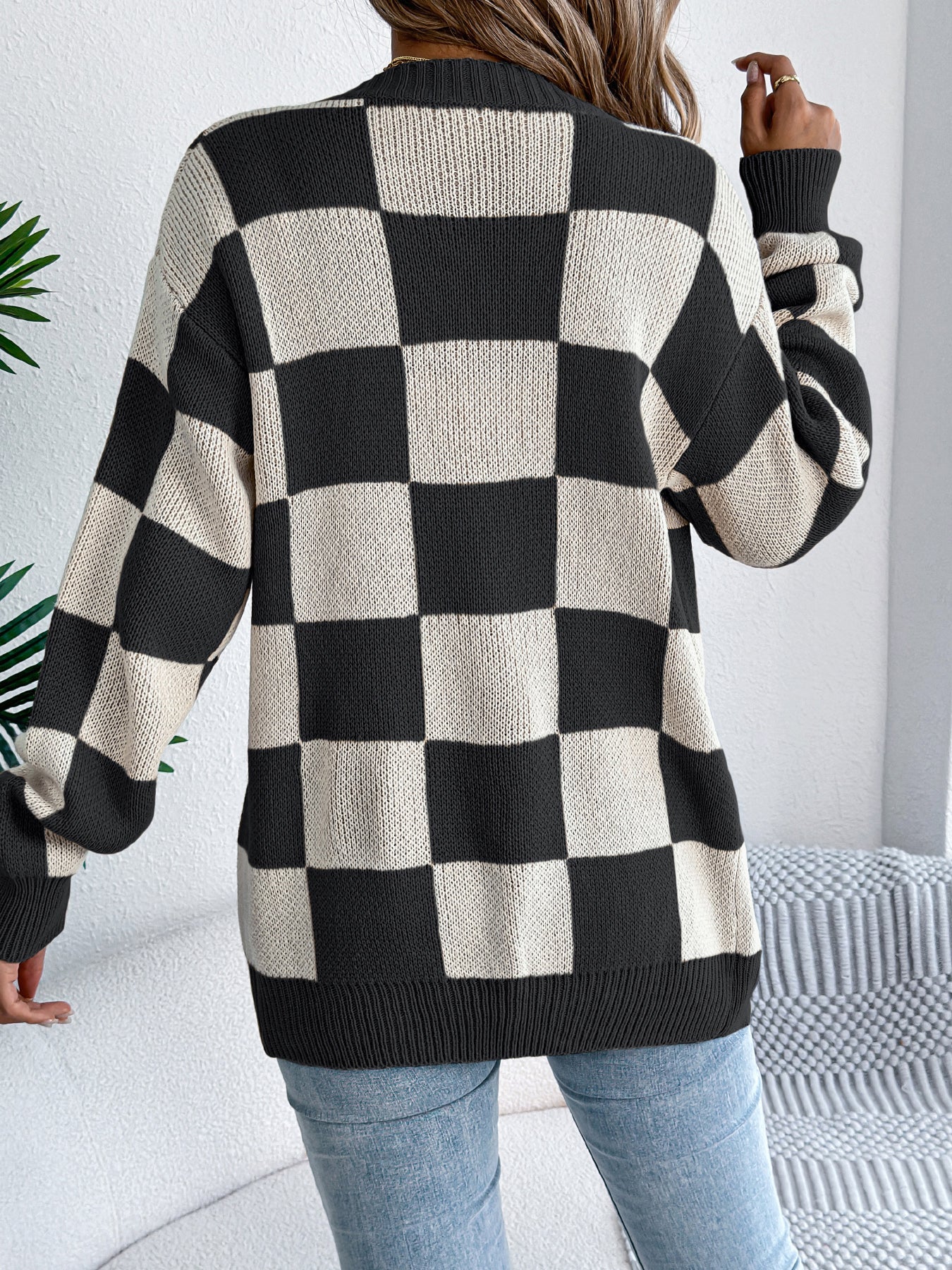 Color Block Plaid Lantern Sleeve Cardigan Sweater Mid-Length Coat