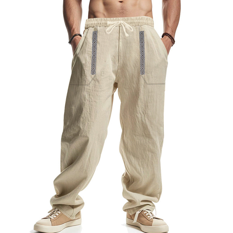 Mens Breathable Loose-fit Wide-leg Casual Linen Pants