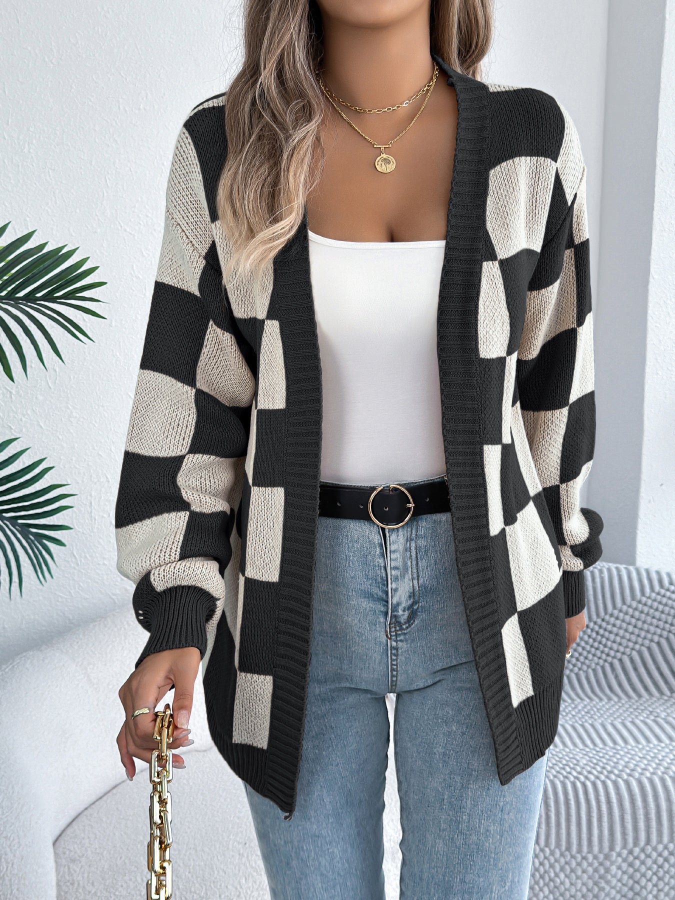 Color Block Plaid Lantern Sleeve Cardigan Sweater Mid-Length Coat