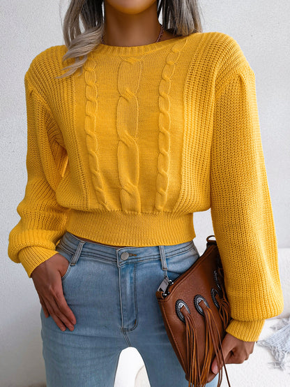 Women Casual Cable Knit Lantern Sleeve Cinched Sweater