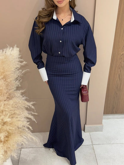 Navy Blue Pinstriped Shirt And Mermaid Skirt Set
