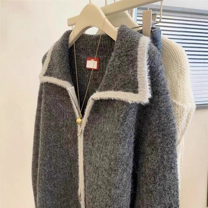 Gray Raccoon Fur Collar Coat Sweater