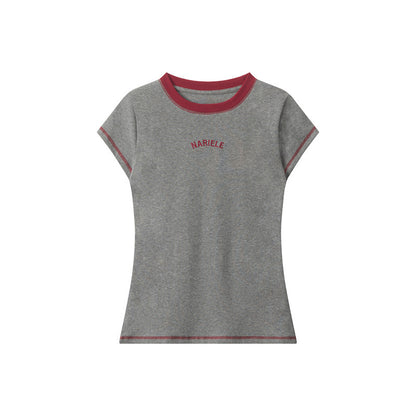 Casual Simple Round Neck Short Sleeve Women Alphabet Embroidery Niche