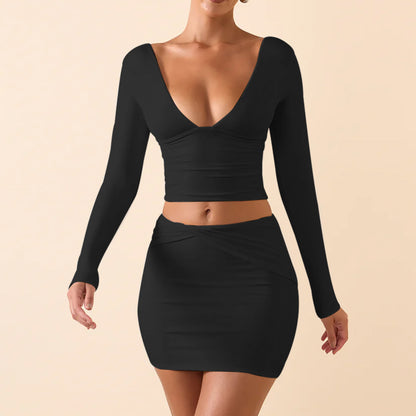 Women's Sexy V-neck Backless Long-sleeved Top Fashionable Dress Set