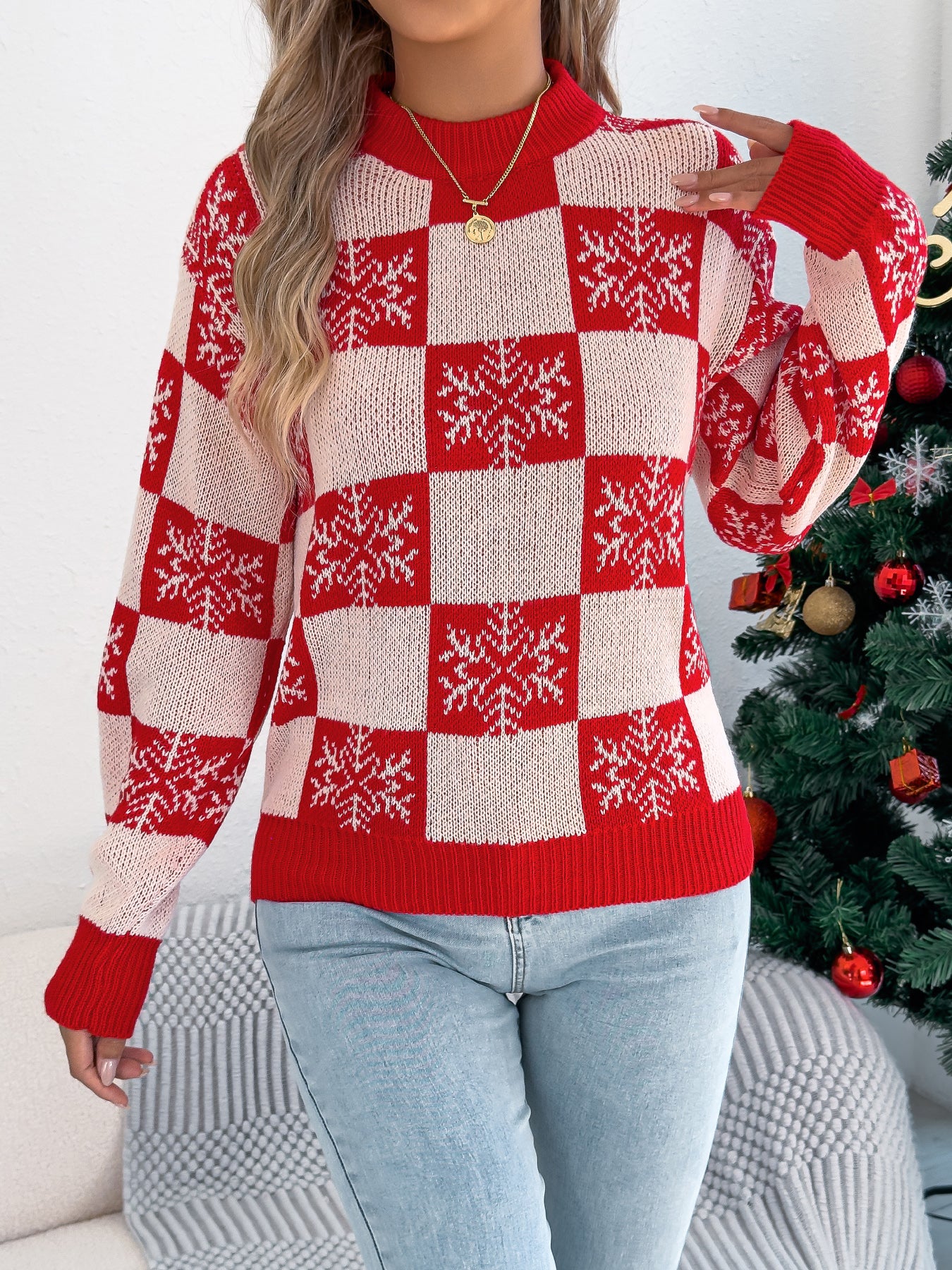 Snowflake Plaid Lantern Sleeve Pullover Sweater