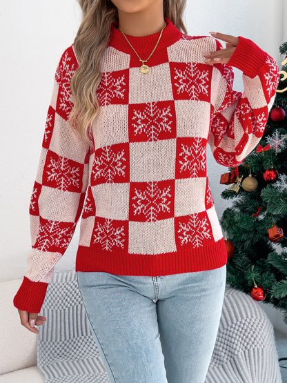 Snowflake Plaid Lantern Sleeve Pullover Sweater