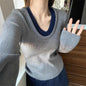 Contrast Color V-neck Long-sleeve Knitwear Sweater Top