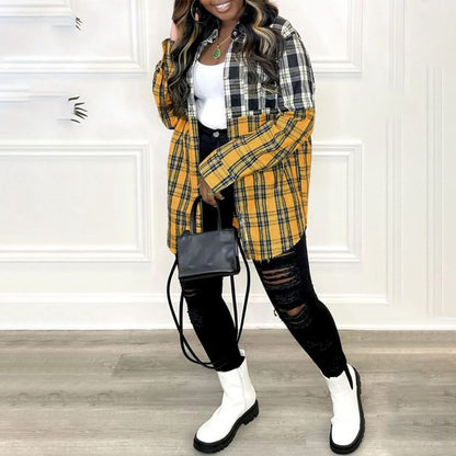 Women's Casual Plaid Pocket Button Stitching Long Sleeve Plus Size Shirt