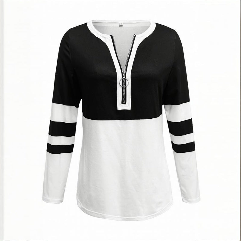 Women's Zip-Up Round Neck Long Sleeve Sweatshirt With Color Block Stripes - Casual Pullover Top For Spring&Fall
