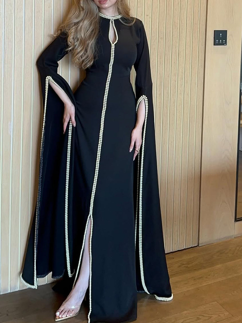 Black Maxi Dress With Pearl Trim And Cape Sleeves