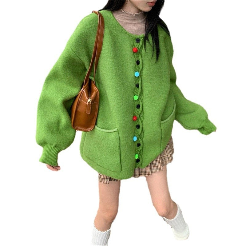 Women's Retro Solid Color Wool Ball Knitted Cardigan