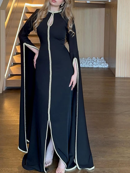 Black Maxi Dress With Pearl Trim And Cape Sleeves