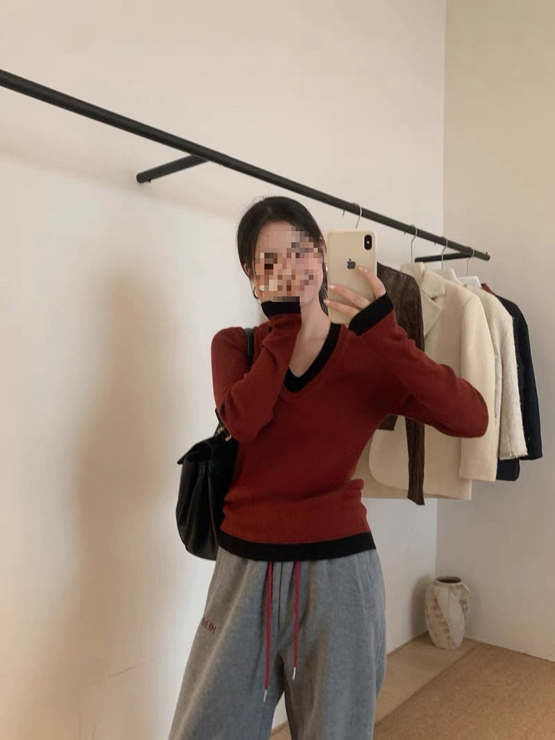 Contrast Color V-neck Long-sleeve Knitwear Sweater Top