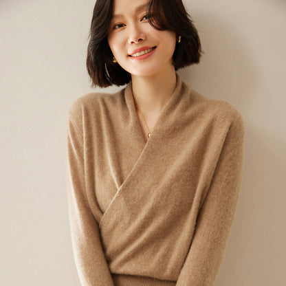Women's Solid Color V-Neck Cross Cashmere Sweater Top