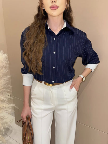 Navy Blue Pinstriped Shirt And Mermaid Skirt Set