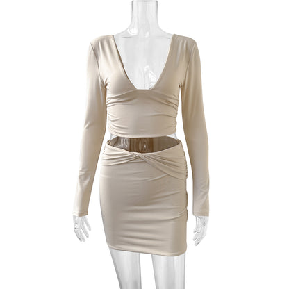 Women's Sexy V-neck Backless Long-sleeved Top Fashionable Dress Set