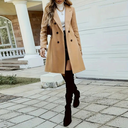 Women's Solid Color Double-Breasted Wool-Like Coat Notch Lapel Long Sleeve Mid-Length Overcoat With Pockets