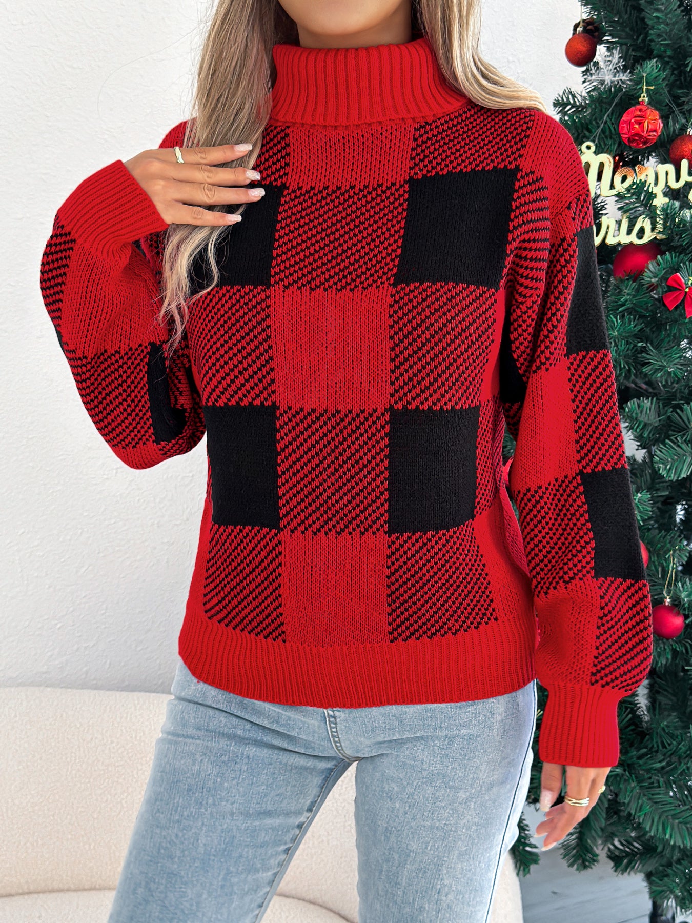 Casual Color Block Plaid Lantern Sleeve High Neck Sweater