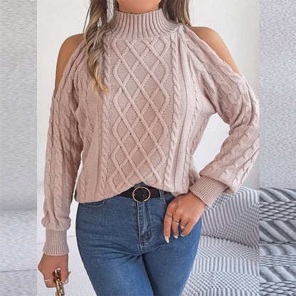 Women's Solid Color Off-Shoulder Cable Knit Sweater, High Neck Long Sleeve Pullover For Spring And Fall