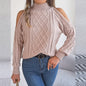 Women's Solid Color Off-Shoulder Cable Knit Sweater, High Neck Long Sleeve Pullover For Spring And Fall