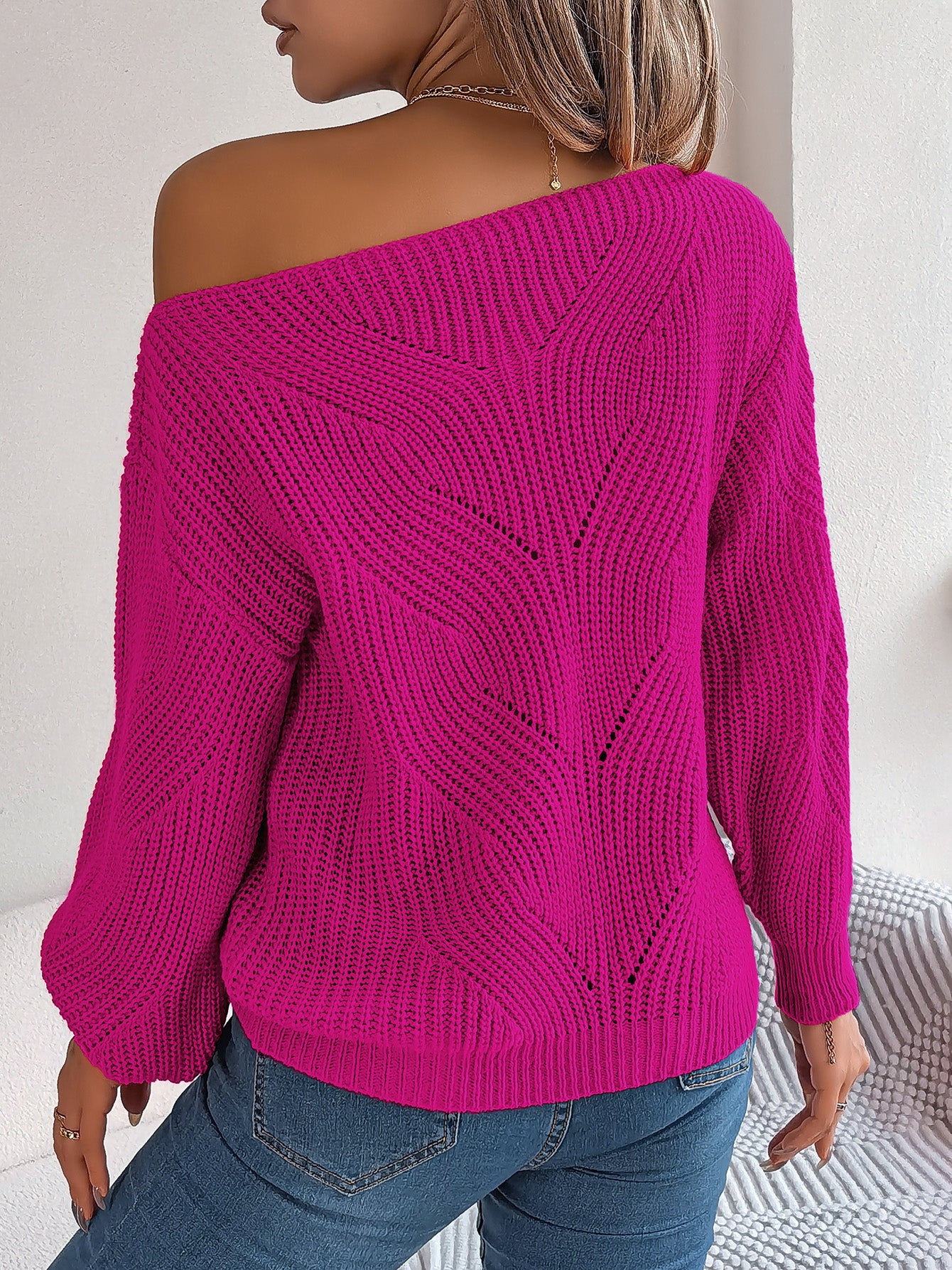 Casual Hollow Out Off-Shoulder Lantern Sleeve Sweater