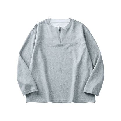 Half Long-sleeve Zipper T-shirt Men's Autumn High-grade Contrast Color Loose Crew Neck Top