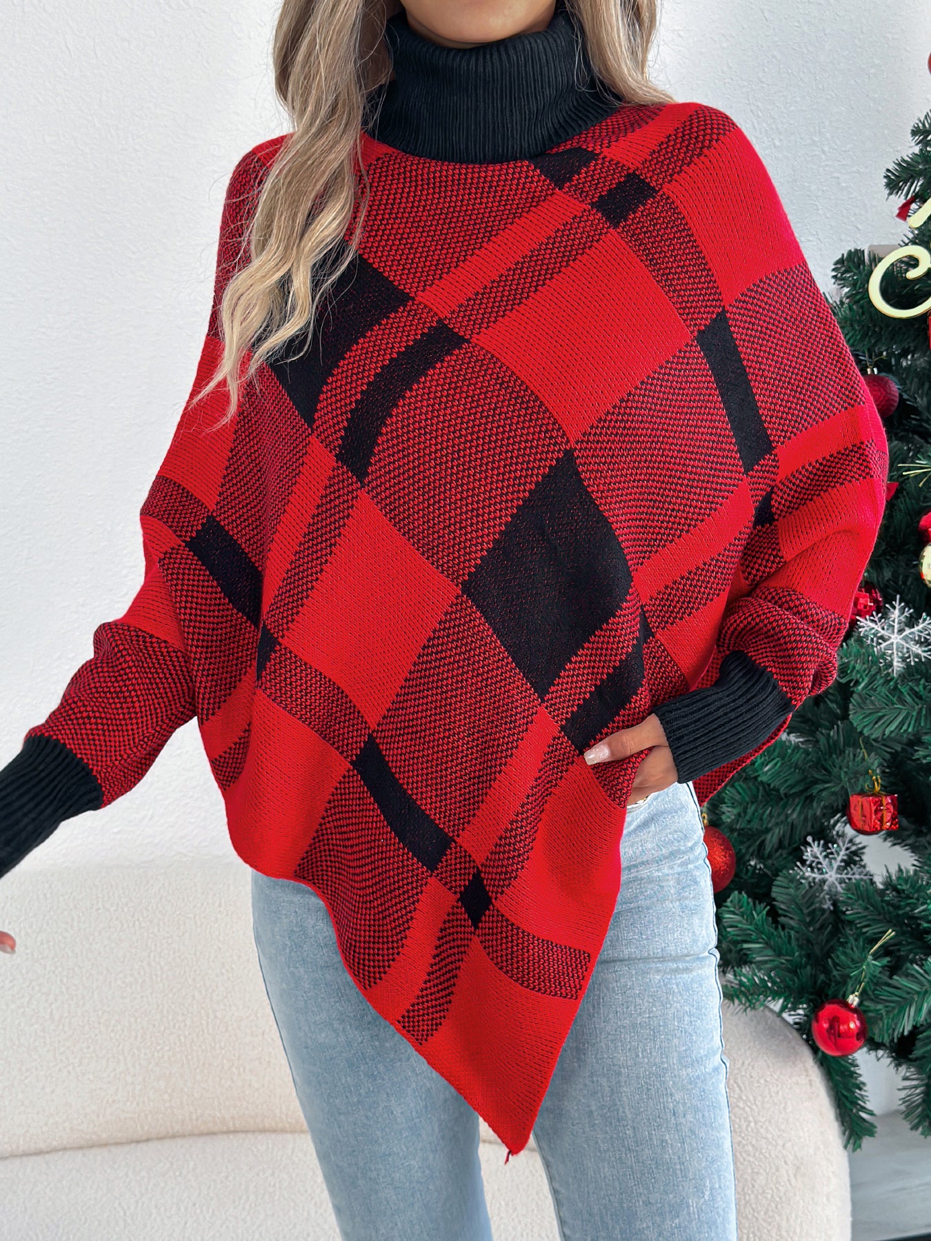 Casual Color Block Plaid High Neck Long Sleeve Poncho Sweater
