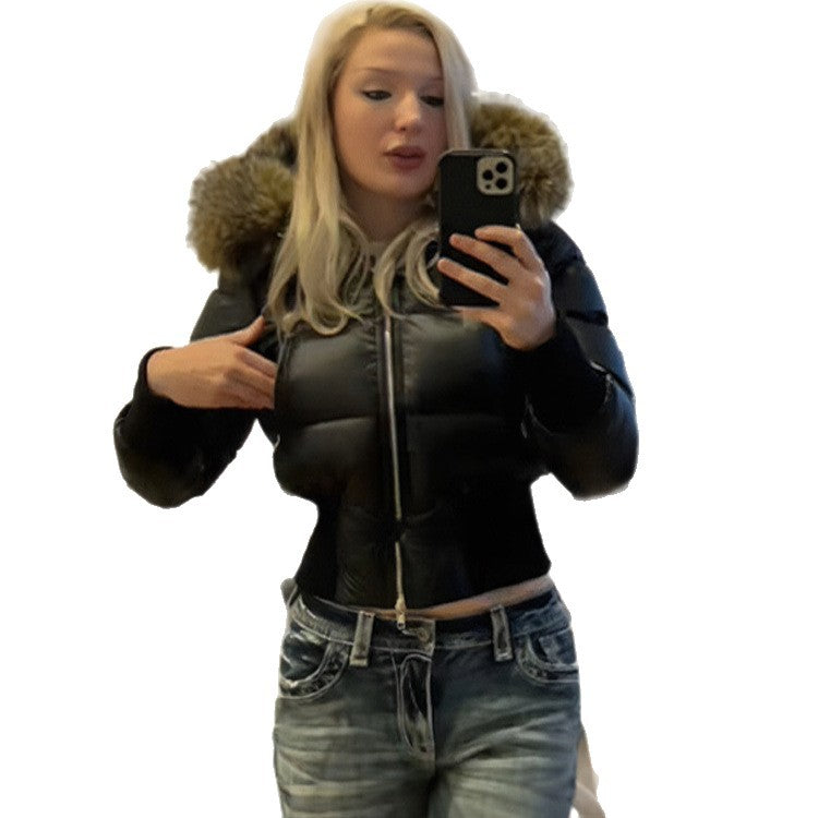 Detachable Sleeves With Zipper Fur Collar Hooded Waist-cinching Cotton Coat