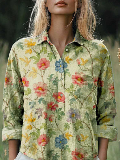 New Casual Printed Floral Button Polo Collar Top Shirt For Women