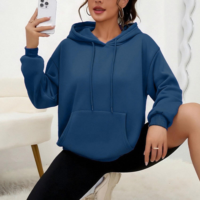 All-matching Loose Drawstring Pocket Sweatshirt Long Sleeve Women