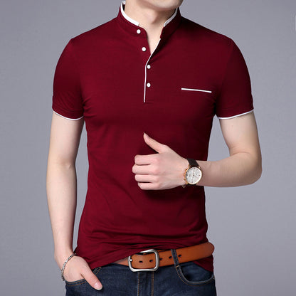Casual solid color stand collar cotton short sleeves