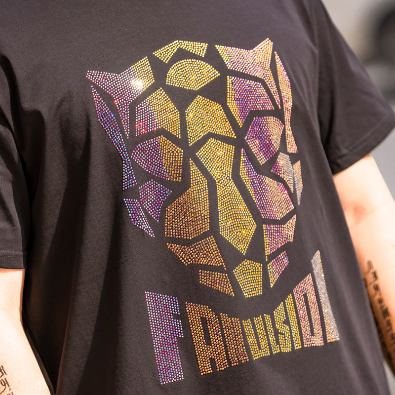 Fashion Personality Hot Diamond Plus Fat Short-Sleeved T-shirt Men
