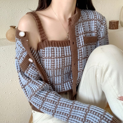 Knit Cardigan Tweed Needle Inner Wear Trendy Two-piece Set